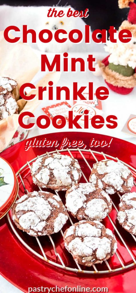 chocolate crinkle cookies on a cooling rack on a red plate text reads "the best chocolate mint crinkle cookies"