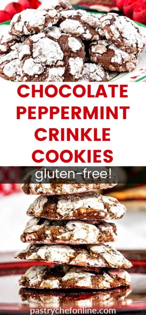 collage of cookies piled on a plate and a stack of crinkle cookies. text reads "chocolate peppermint crinkle cookies gluten free"