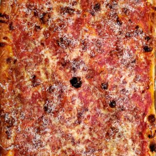overhead shot of whole rectangular lasagna pizza