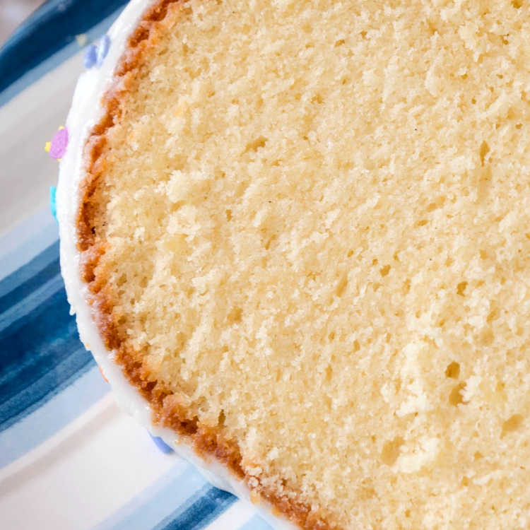Closeup of a slice of pound cake so you can see the fine crumb structure.