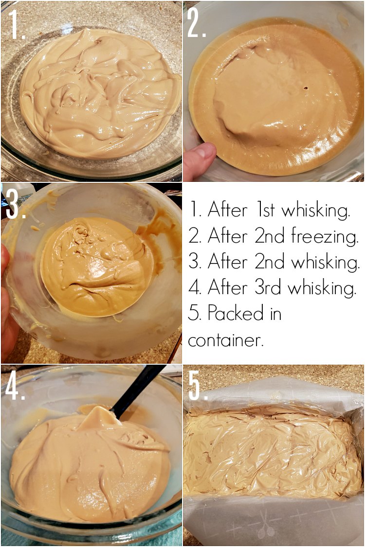 A collage of 6 images showing how to whisk and freeze ice cream base if you don't have an ice cream maker.
