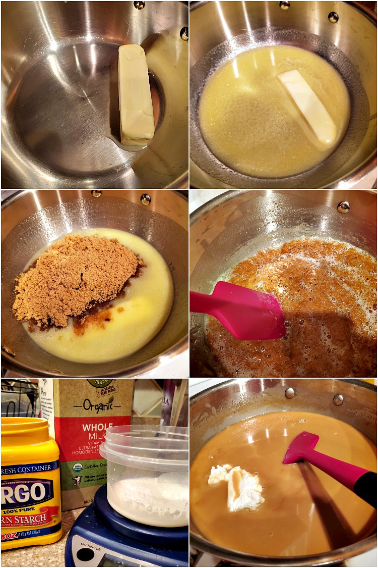 Collage of 6 images showing how to make butterscotch and butterscotch ice cream base.