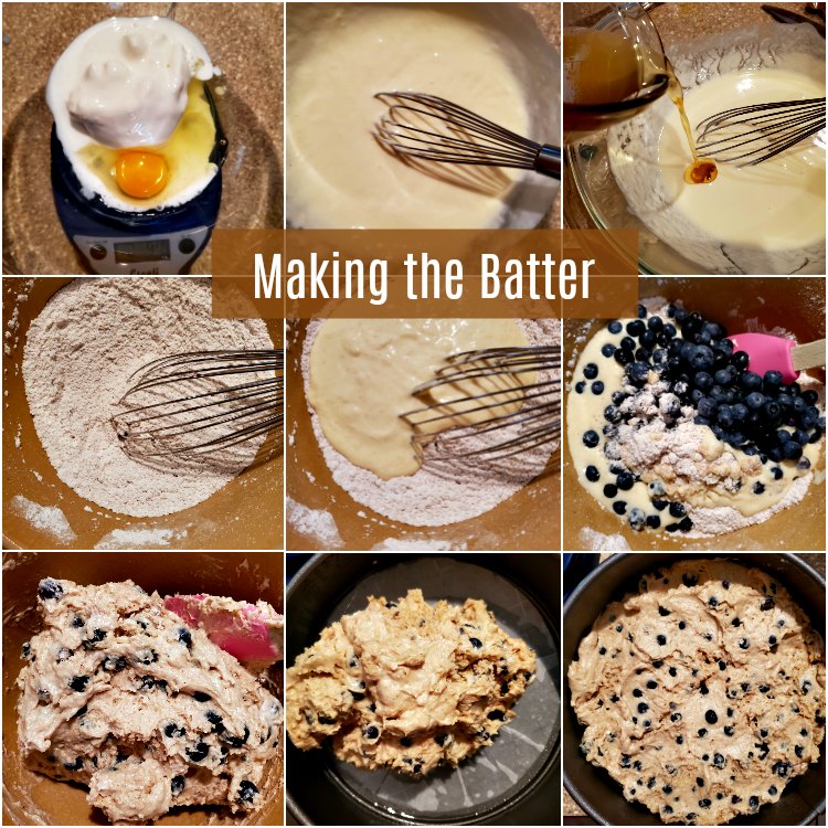 A collage of 9 images showing how to mix the batter for the brown butter blueberry buckle.