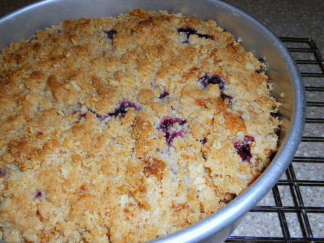 Top of a brown butter blueberry buckle with sandy streusel baked on top and blueberries peaking through.