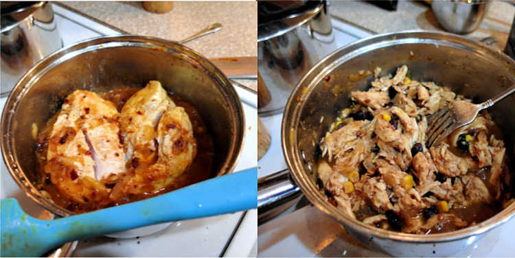2 photo collage of chicken filling being made on the stove.