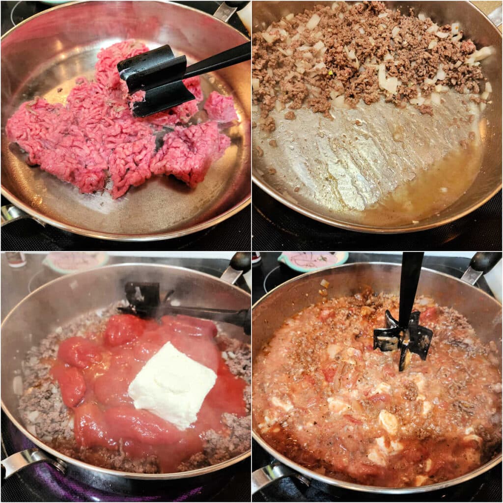 A collage of four images. The first shows raw ground beef spread in a large saute pan. The second shows cooked beef and onions pushed to one side of the pan to remove extra fat. The third shows the drained ground beef and onions with canned tomatoes and cream cheese. The last image shows a meat masher mixing up the tomatoes and cream cheese into the meat and onion mixture.