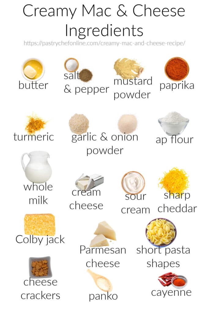 All the ingredients to make creamy macaroni and cheese: butter, salt & pepper, mustard powder, paprika, turmeric, garlic and onion powder, all-purpose flour, whole milk, cream cheese, sour cream, sharp cheddar, Colby jack, Parmesan cheese, short pasta shapes, cheese crackers, panko, and cayenne.