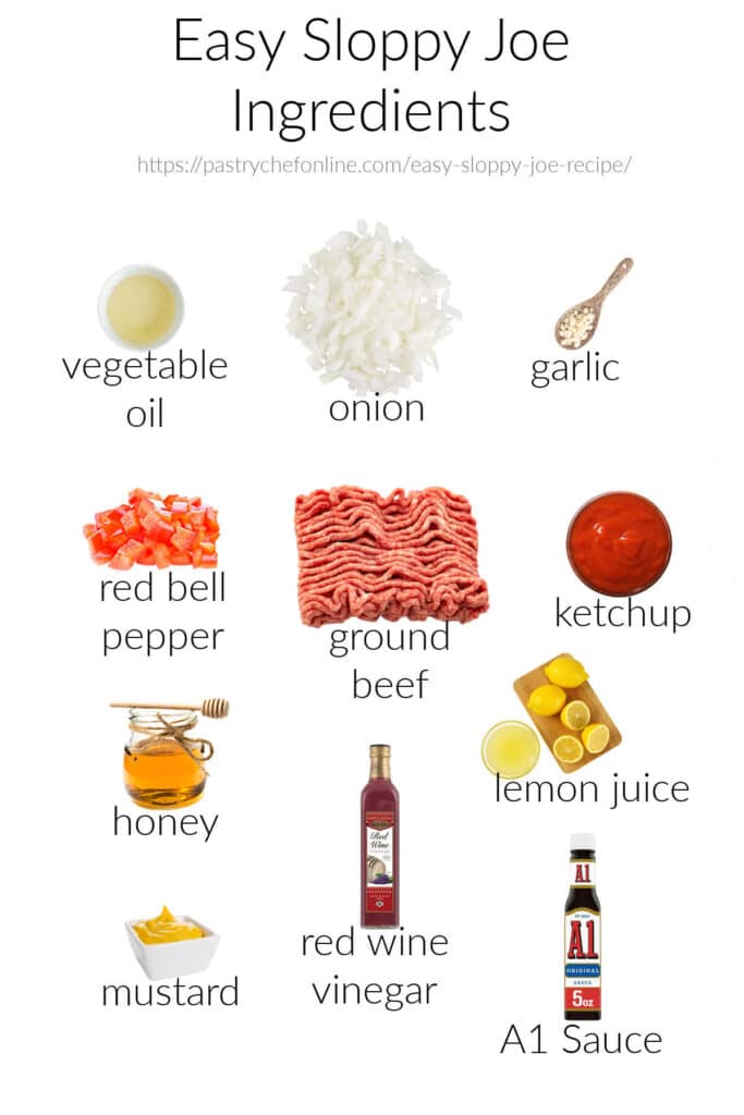 Labeled images of all the ingredients needed to make easy sloppy joes: vegetable oil, onion, garlic, red bell pepper, ground beef, ketchup, honey, lemon juice, mustard, red wine vinegar, and A1 steak sauce.