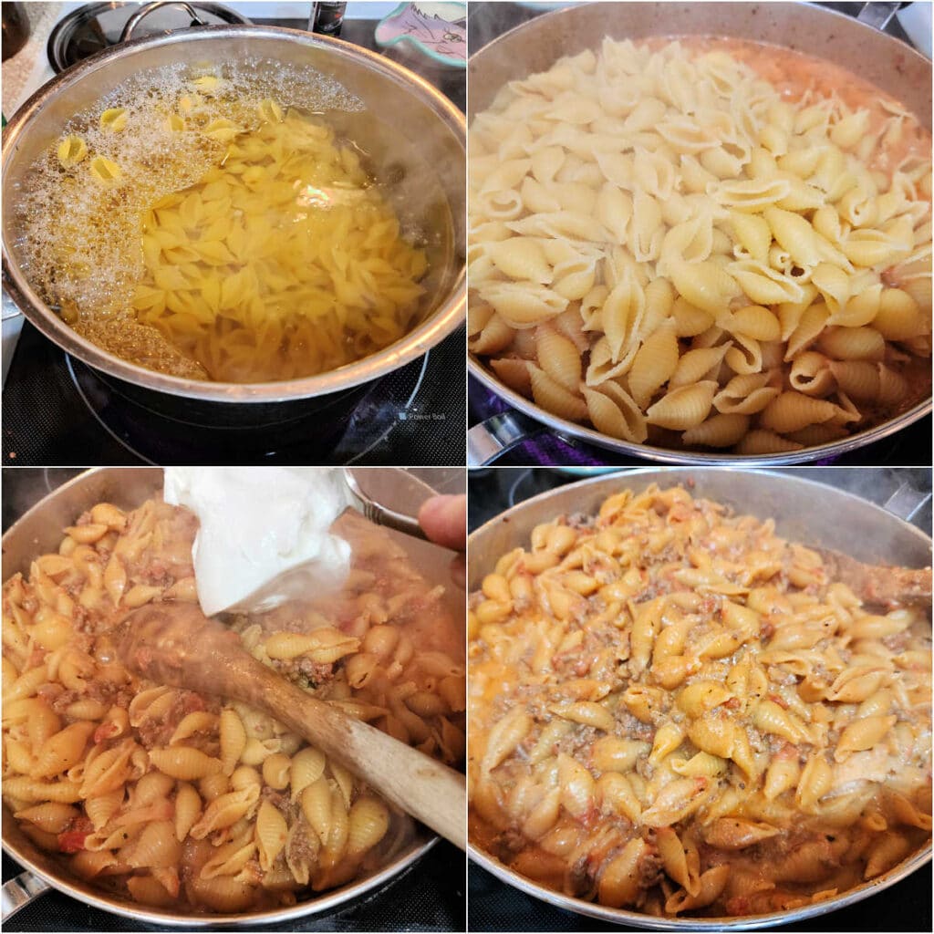 A collage of four images. The first is a large pot with boiling water and shell pasta in it. The second is shell pasta, drained, and poured on top of a meat and tomato mixture in a large saute pan. The third image shows a large spoonful of sour cream being added, and the last shows the pasta all mixed up with the sour cream, beef, onion, and tomato mixture in a large pan.
