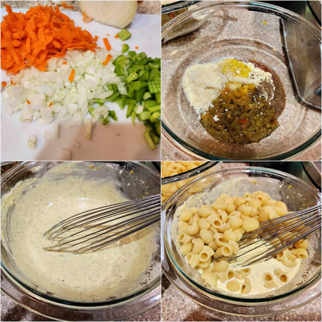 A collage of 4 images in a square. The first is diced onion and celery and shredded carrot on a white cutting board. The second is mayonnaise, mustard, relish, and vinegar in a glass bowl. The third shows the macaroni salad dressing all whisked up in a glass bowl. The fourth shows cooked pasta added to the dressing.