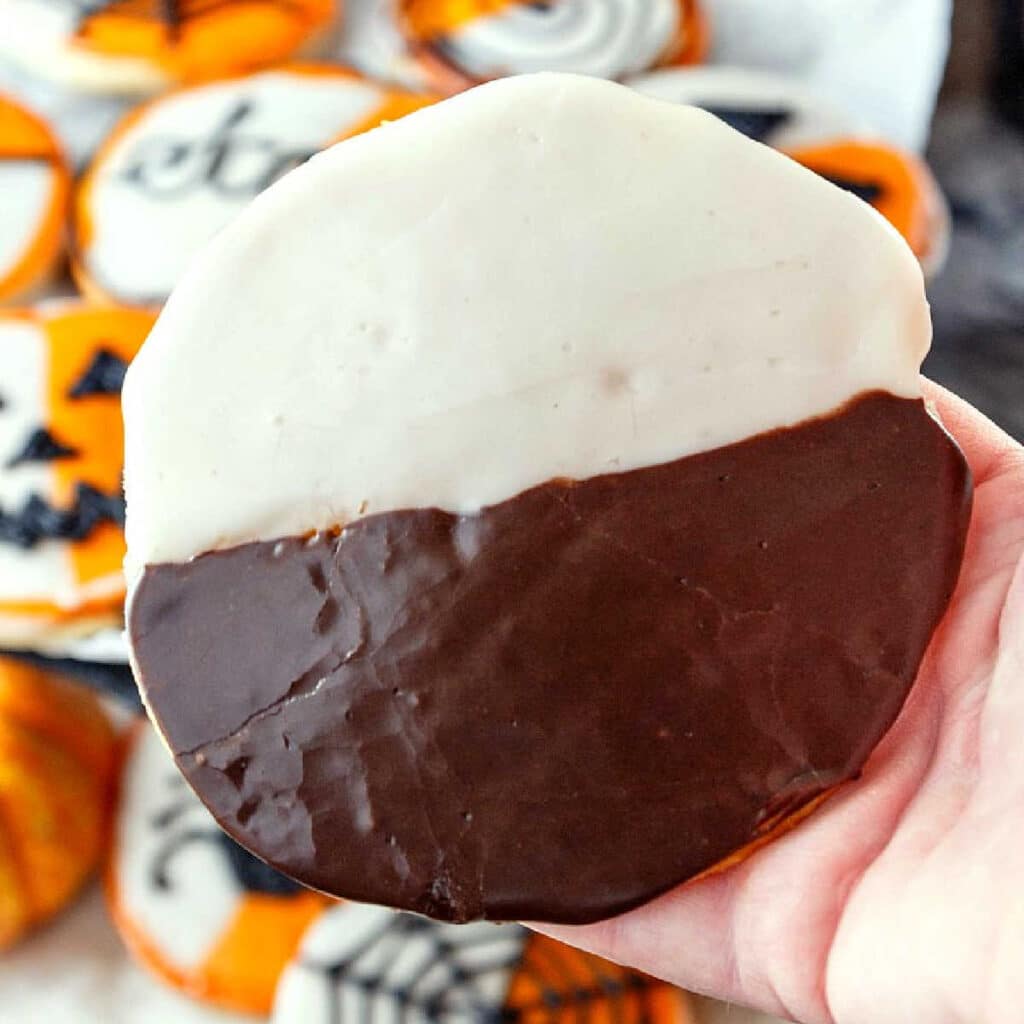 A traditionally iced black and white cookie.