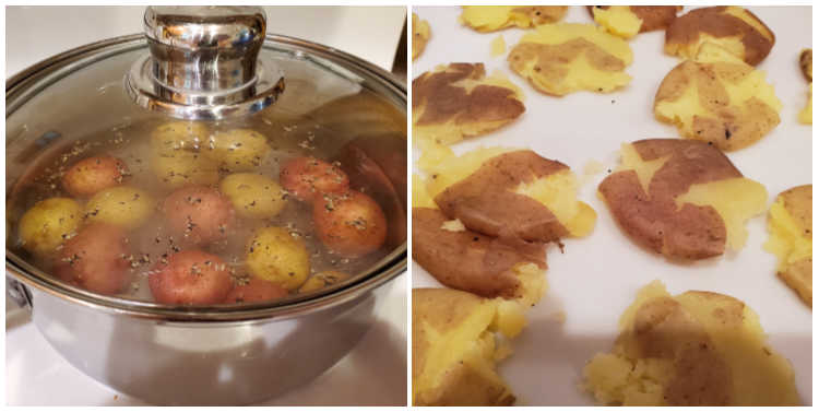 Collage of two images, one with small red and yellow potatoes in a pan and the other with smashed potatoes on a cutting board.