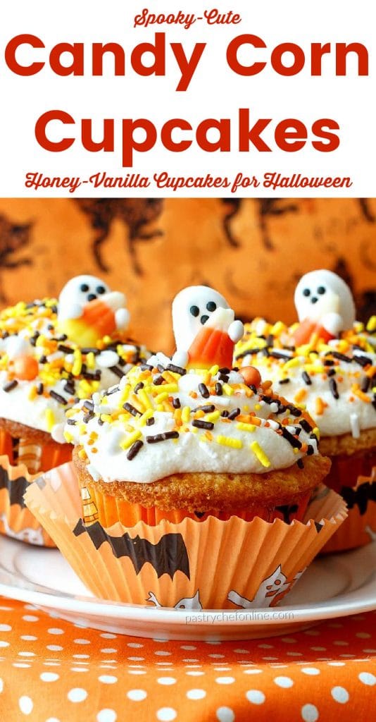 cupcake with white frosting and ghost on top text reads "spoody cute candy corn cupcakes honey vanilla cupcakes for Halloween"