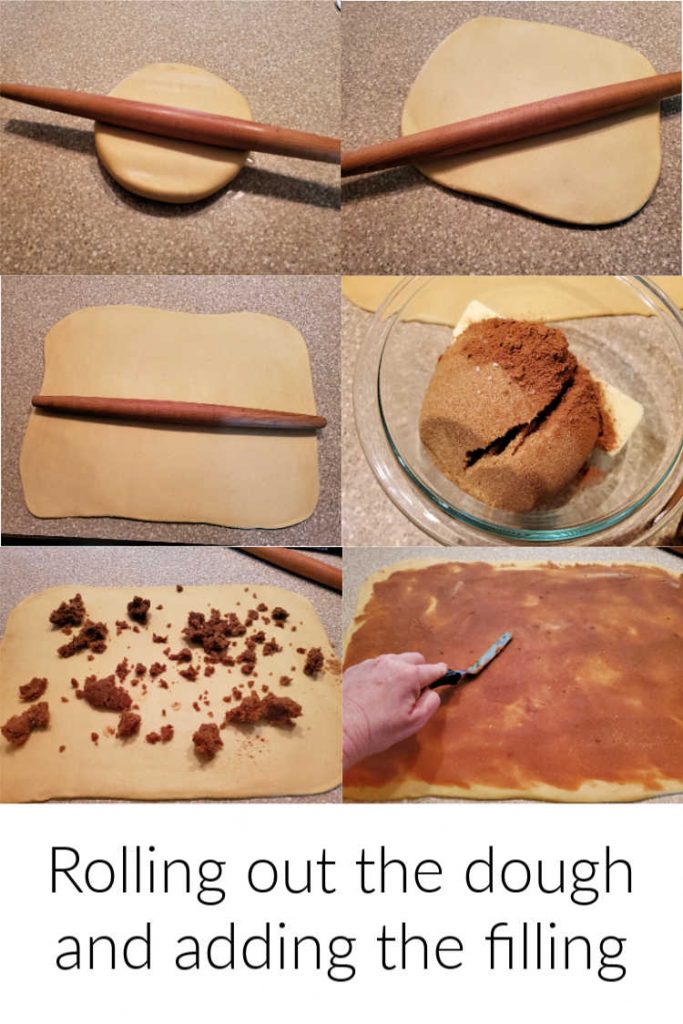 Collage of 6 images showing dough being rolled out, filling being made, and spread on rolled dough.