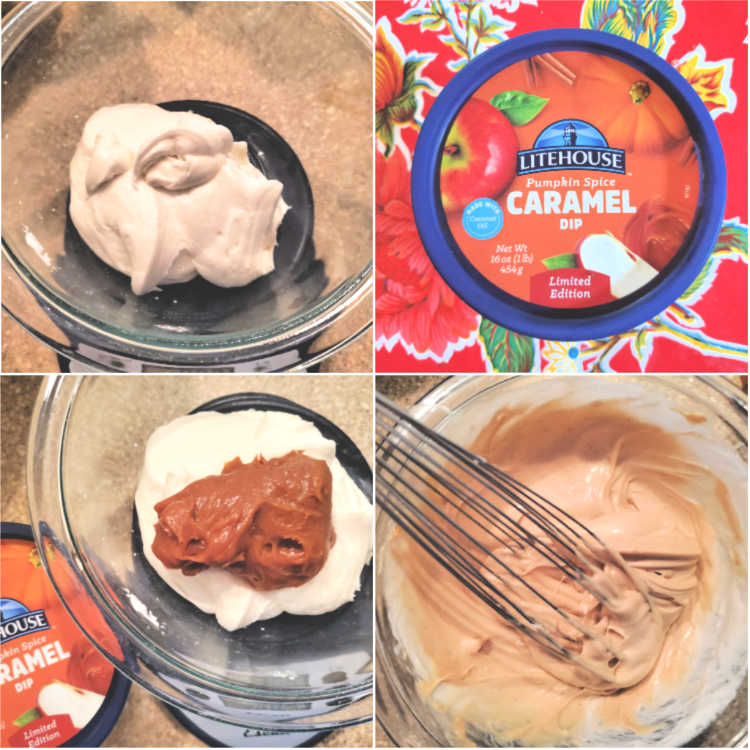 Collage of 4 images showing how to make pumpkin spice caramel filling for a cake.