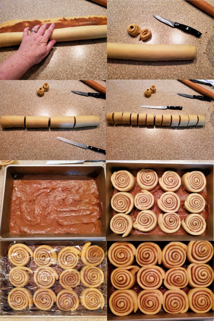 Collage of photos of forming and cutting up the rolls, then panning them up.