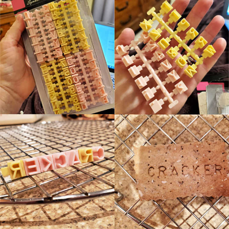 Collage of 4 images showing a set of cookie letter stamps and a cracker with the word "cracker" pressed into it.