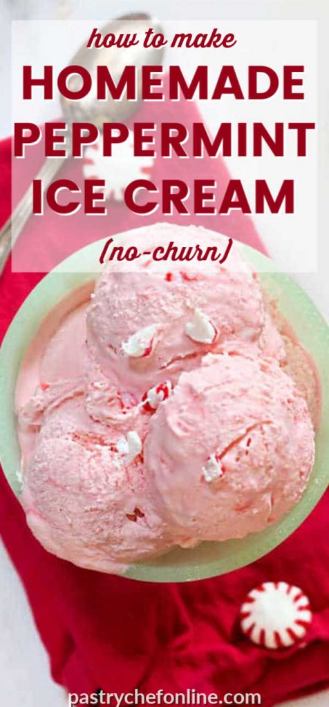 pin image of a bowl of ice cream text reads "how to make homemade peppermint ice cream (no churn)"