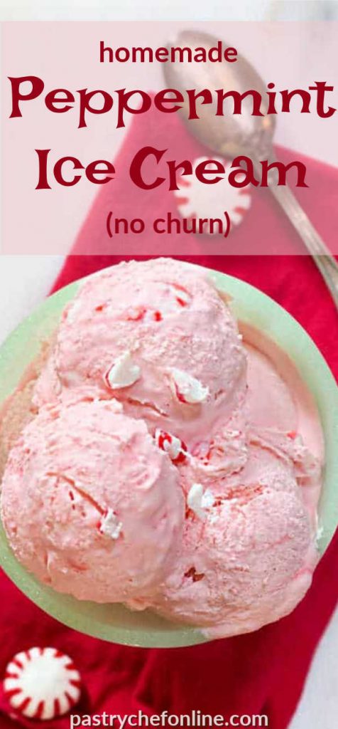 vertical image of a bowl of pink ice cream text reads "homemade peppermint ice cream (no churn)"