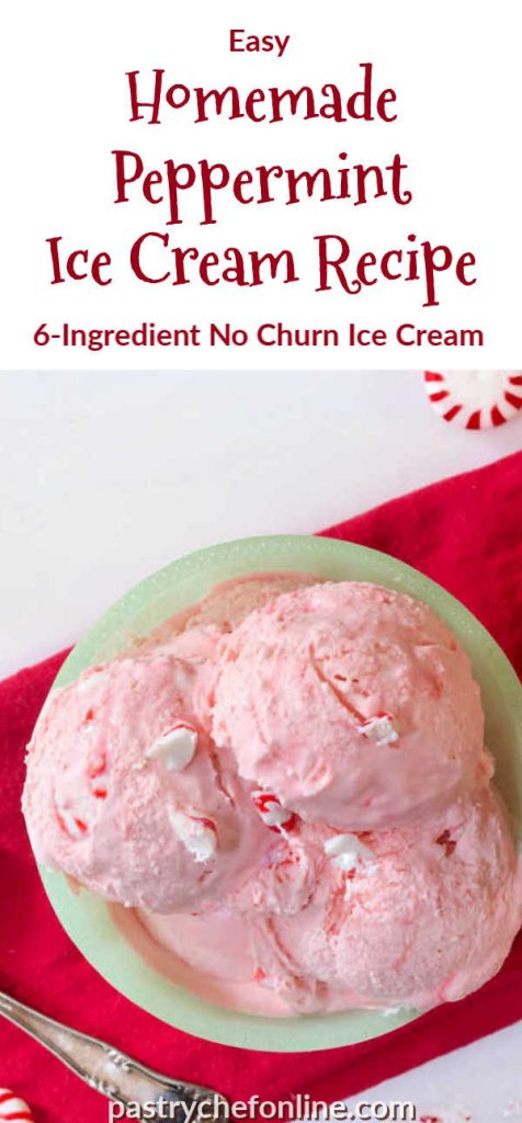 green bowl of peppermint ice cream. Text reads "Easy homemade peppermint ice cream recipe. 6 ingredient no churn recipe"