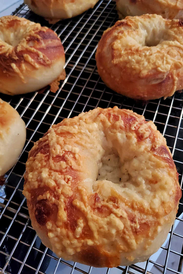 6 cheese bagels cooling on a cooling rack.