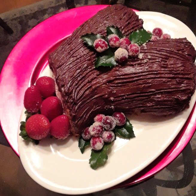 Another reader's photo of her yule log. She decorated with fresh strawberries and sugared cranberries.