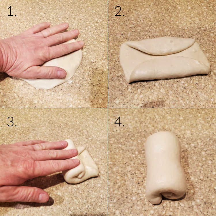 Collage of photos of 4 steps for shaping bagels the traditional way.