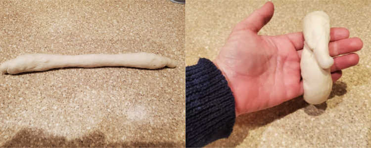 Bagel dough rolled out into a long snake shape. Another picture showing wrapping the snake around your hand and overlapping the ends.