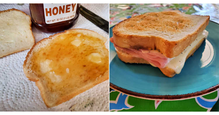 Collage of 2 pictures showing bread serving suggestions. First with softened butter and honey. Second is a ham and cheese sandwich on toasted sandwich bread.