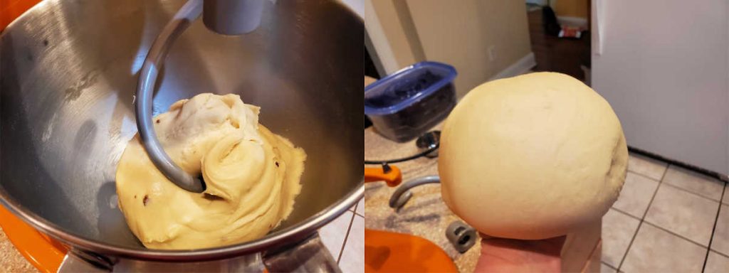Collage of 2 images showing dough in a mixer and then a ball of dough.