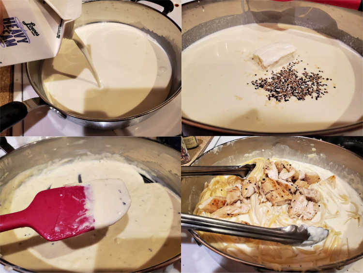 Collage of four images showing pouring cream into a pan, adding cream cheese, salt, and pepper, the thickened sauce in the pan, and stirring in the cooked fettuccine and chicken.