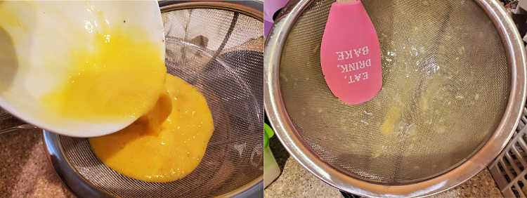 Pouring beaten eggs through a strainer and the strainer after all the egg has passed through, showing bits of white chalazae left behind.