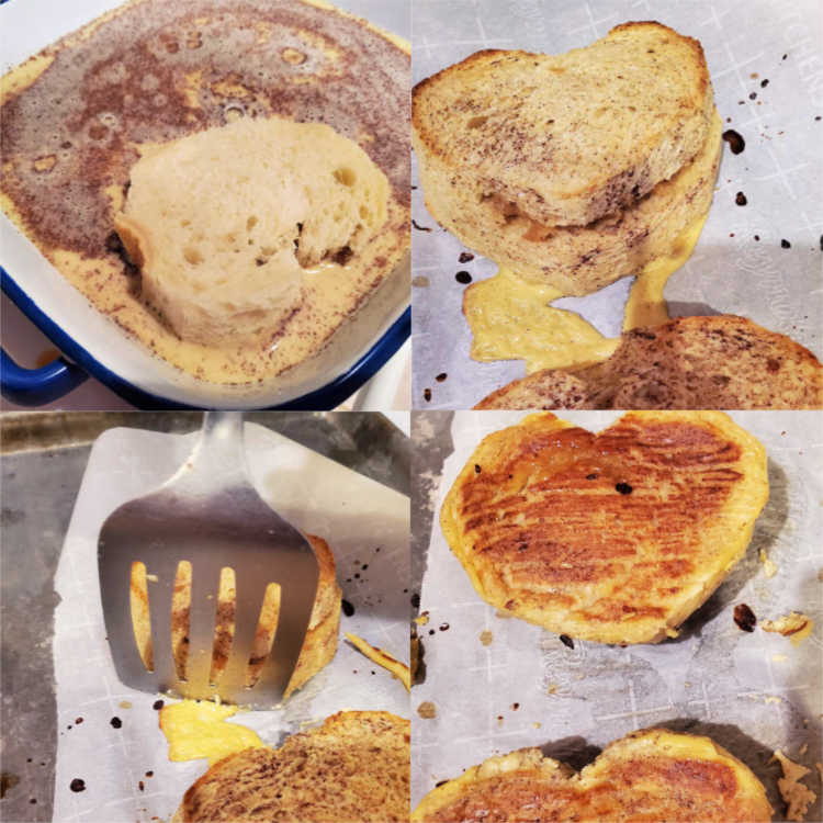 Collage of four images showing soaking the bread in custard, the baked french toast, trimming off any set batter around the bottom edges and the finished toast.