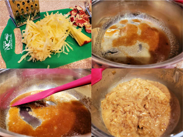 Collage of four images showing how to make apple filling for stuffed French toast.