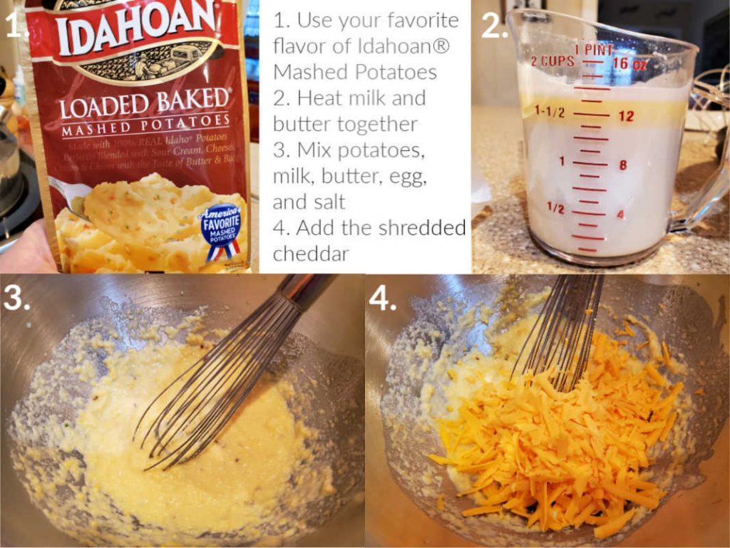 Collage of 4 images showing how to make dough with instant mashed potatoes.