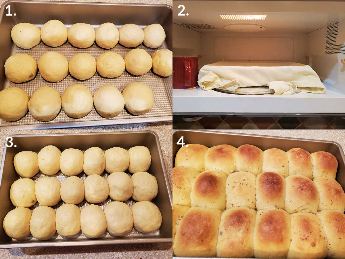 collage of 4 images showing cheese buns rising in a pan and then baked