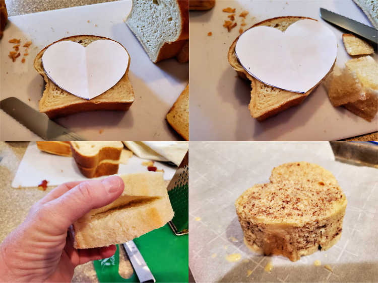 Collage of 4 images showing how to cut the bread to make heart-shaped French toast.