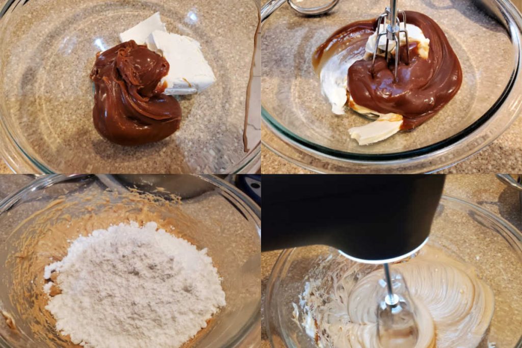 Collage of 4 images showing how to make butterscotch frosting.