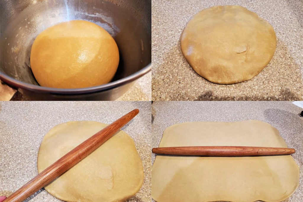 4 images showing risen dough, pressing out the gases, and rolling the dough out into a rectangle.