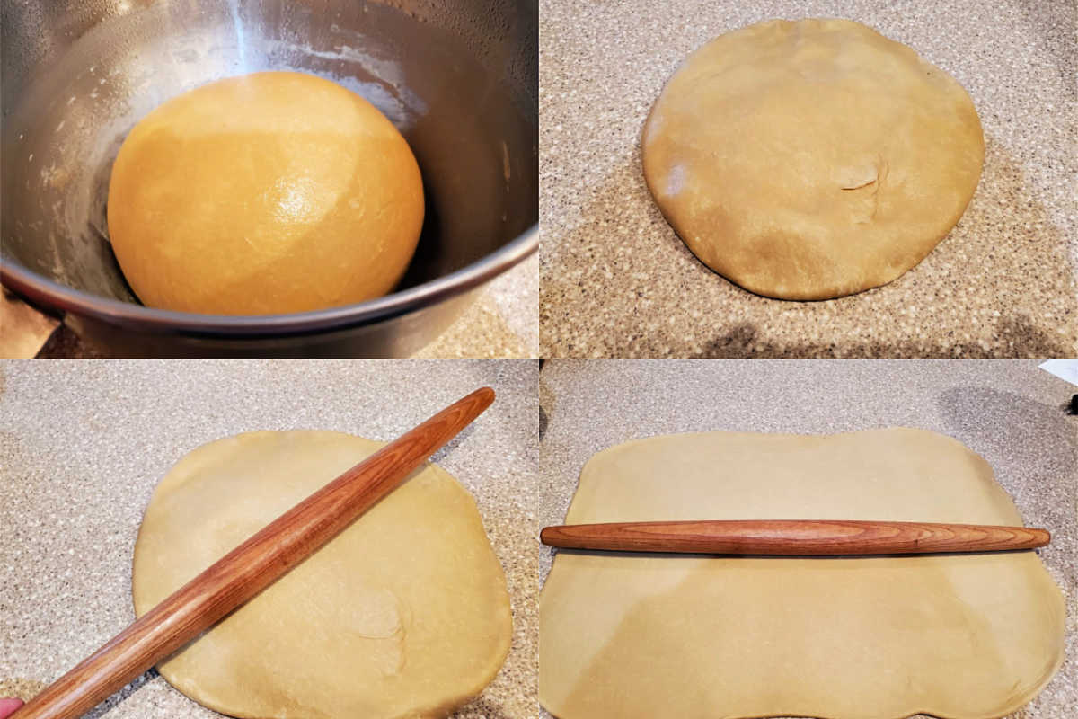 4 images showing risen dough, pressing out the gases, and rolling the dough out into a rectangle
