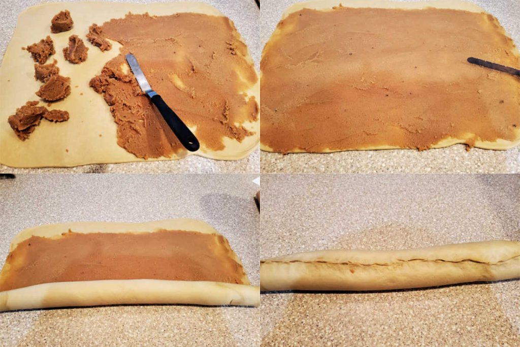 Collage showing how to spread the peanut butter filling on the dough and roll it up.