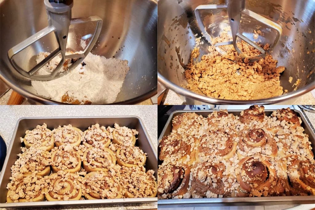 4 images showing making peanut butter streusel, putting it on the risen rolls, and the rolls just out of the oven.