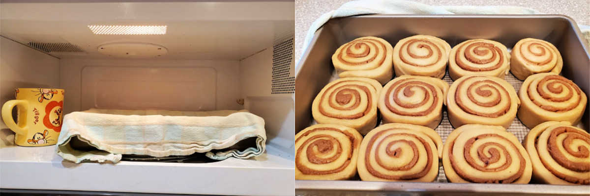 collage of 2 images. 1 showing a mug and a covered pan in a microwave the other, risen sweet rolls