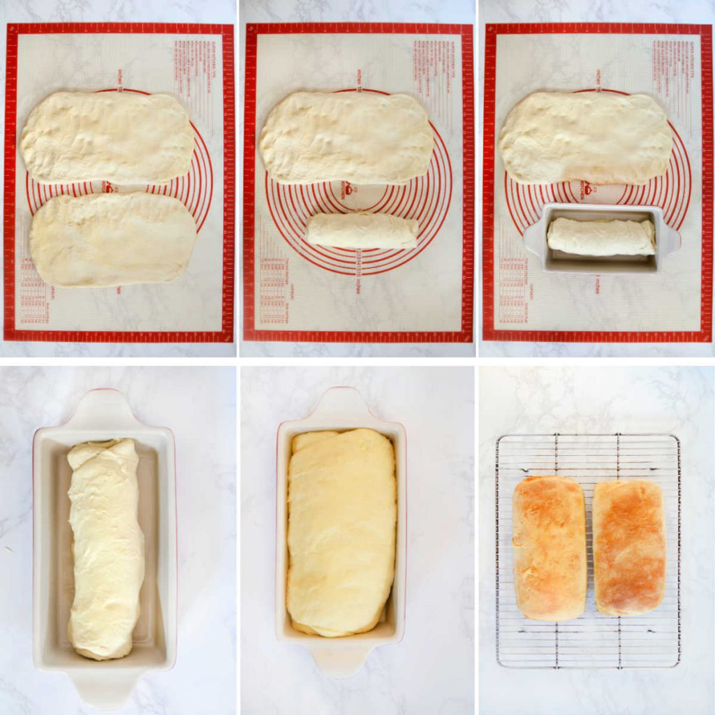 Collage of images showing how to shape a loaf of bread dough then place it in a loaf pan. One shot shows dough having risen fully in bread pan then final shot is of two baked loaves cooling on a rack.