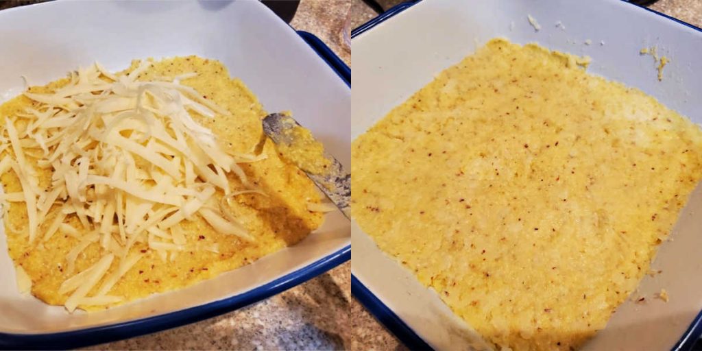 Collage of two images of mixing cheese into grits.