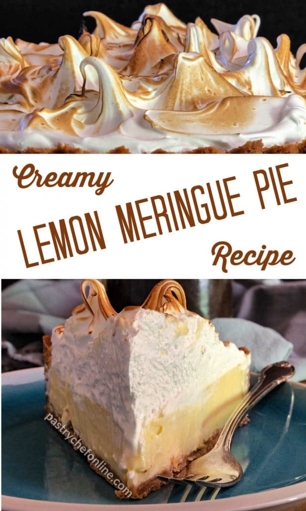 2 images of lemon meringue pie with text reading "creamy lemon meringue pie recipe"