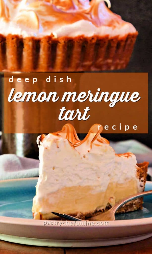 pin image of slice of deep dish tart. text reads "deep dish lemon meringue tart recipe"