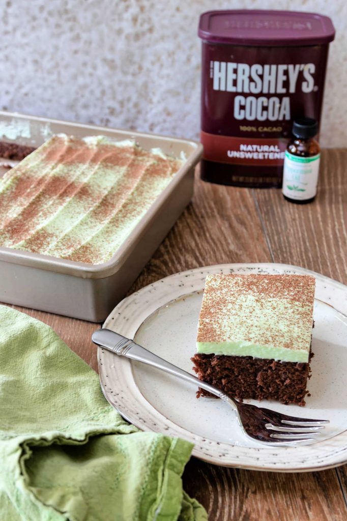 A square piece of chocolate cake with mint buttercream frosting on a plate. with cocoa and mint oil in the background.