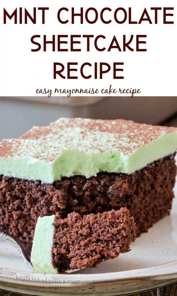 close up of chocolate cake text reads "mint chocolate sheetcake recipe easy chocolate mayonnaise cake"