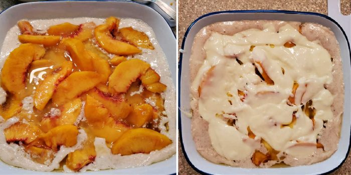 2 images, one showing sliced peaches on top of cobbler batter and the other with the cream cheese layer poured over the peaches